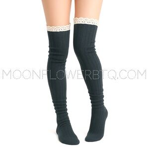Blue Knit Over-the-Knee Socks with Cream Lace Trim